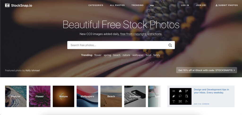 Stocksnap.io – бесплатный фотосток с качественными изображениями, которые можно использовать без ограничений.